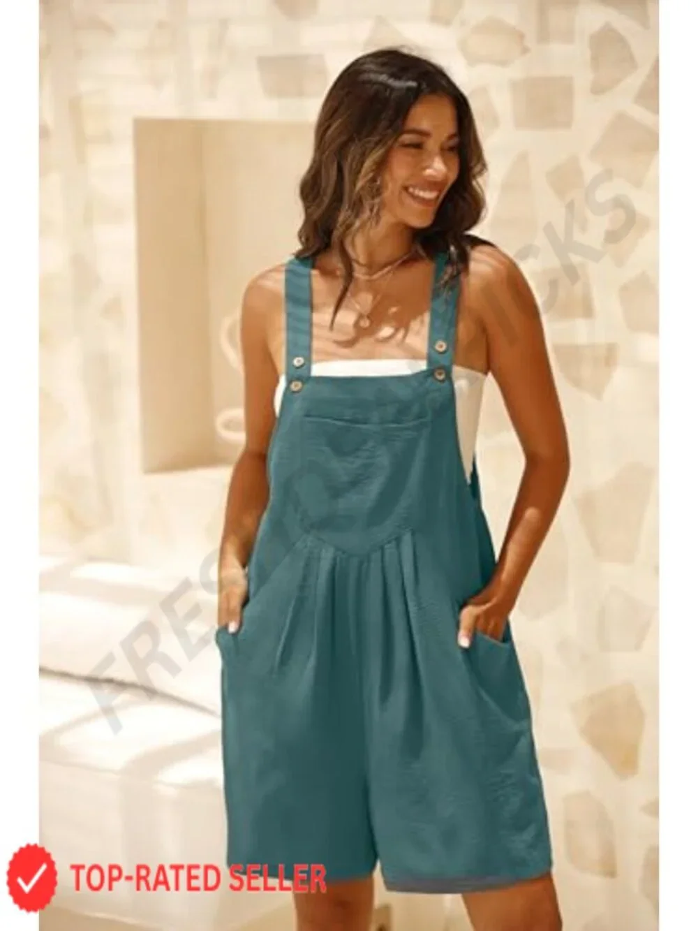 Sleeveless Square Neck Loose Overall Shorts Jumpsuit with Pockets Summer Beach